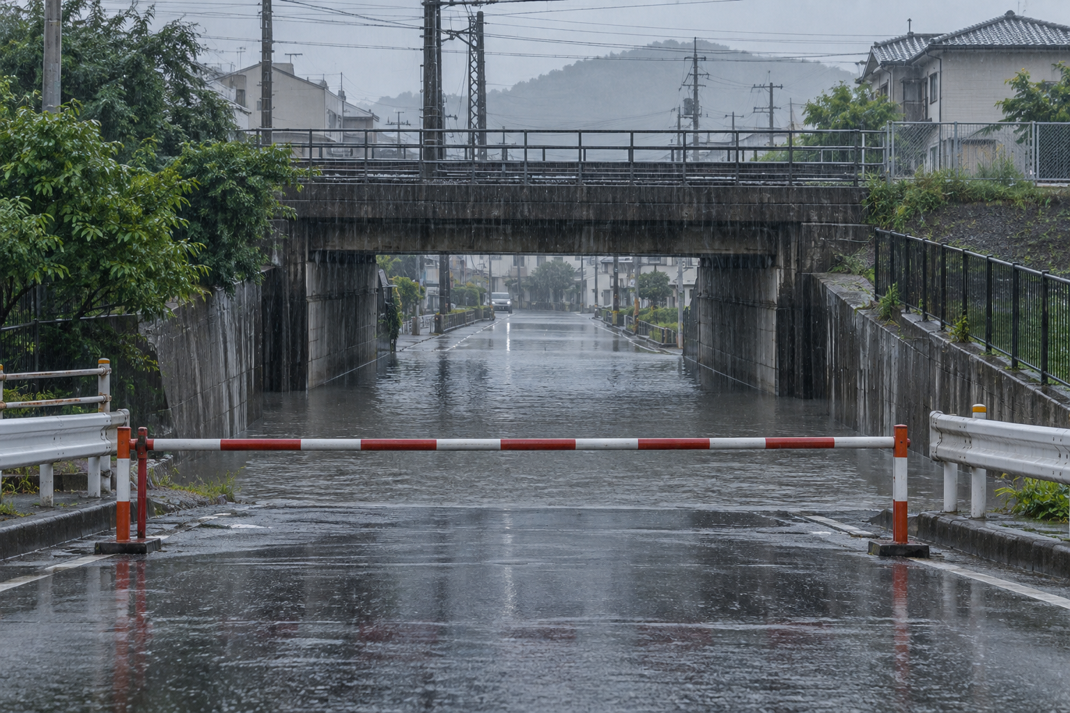 大雨で水がたまり通行止めになった高松市郊外をイメージしたアンダーパス