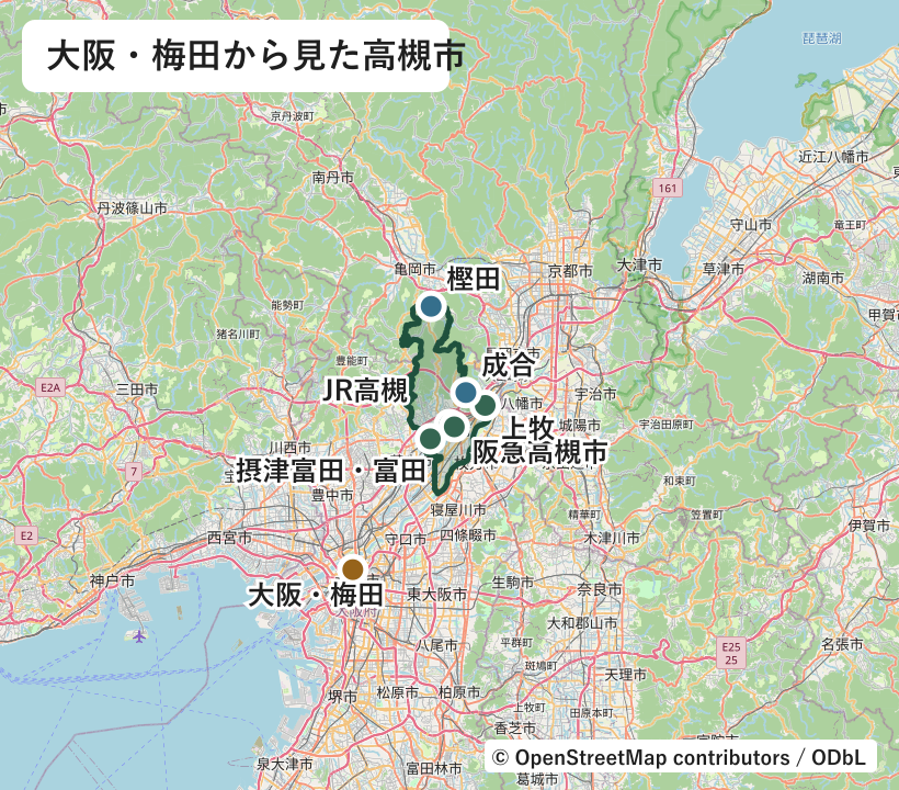 大阪・梅田の北東にある高槻市の行政界とJR高槻、阪急高槻市、富田、上牧、成合、樫田の位置図