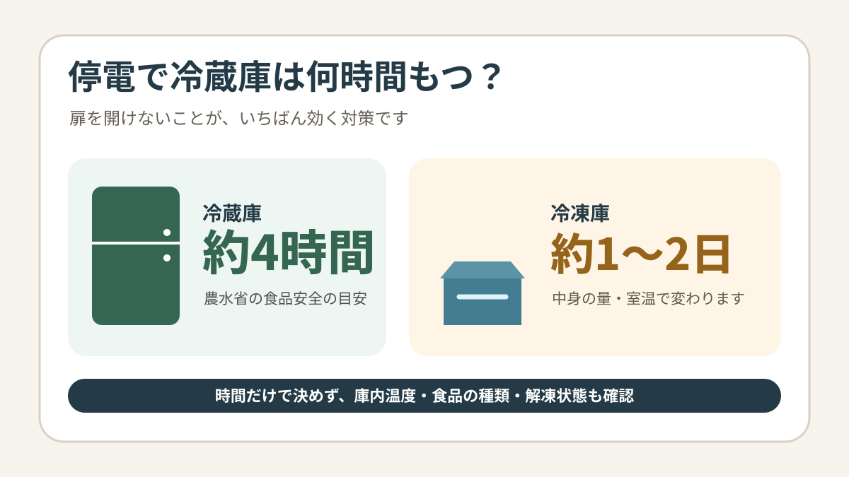 停電時の冷蔵庫は約4時間、冷凍庫は約1〜2日が低温保持の目安であることを示す図
