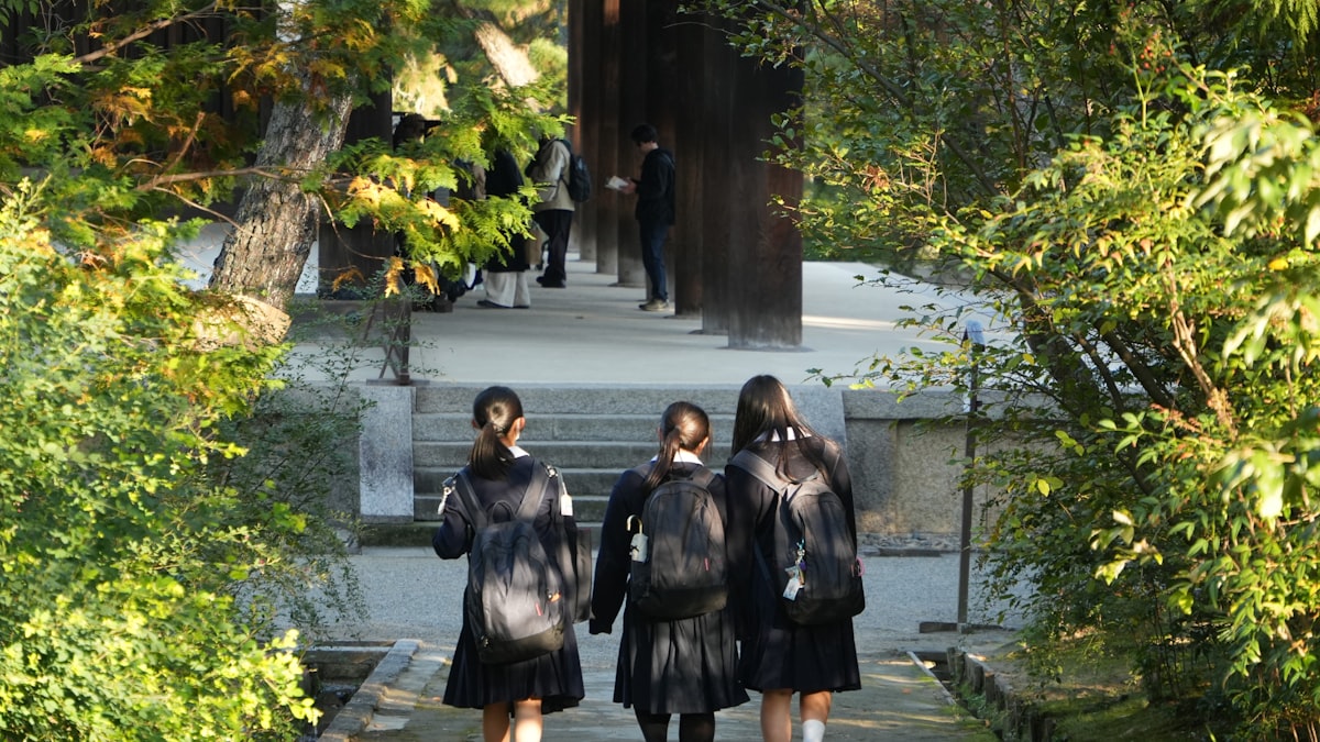制服姿の中学生3人が、かばんを背負って学校へ続く並木道を歩いている