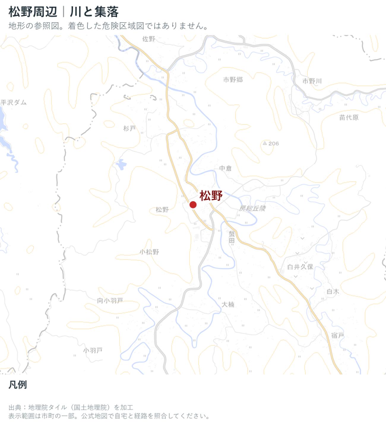 勝浦市の河川と市街地の位置を示した地理院地図の参照図