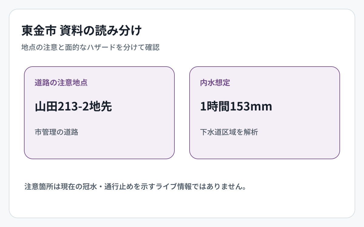 東金市の道路冠水資料とハザード資料の対象範囲を比較した図