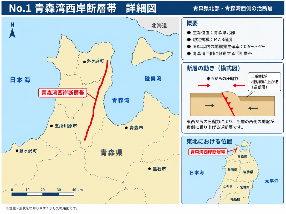 青森湾西岸断層帯の詳細図。青森市の西を南北に走る断層の位置を示す