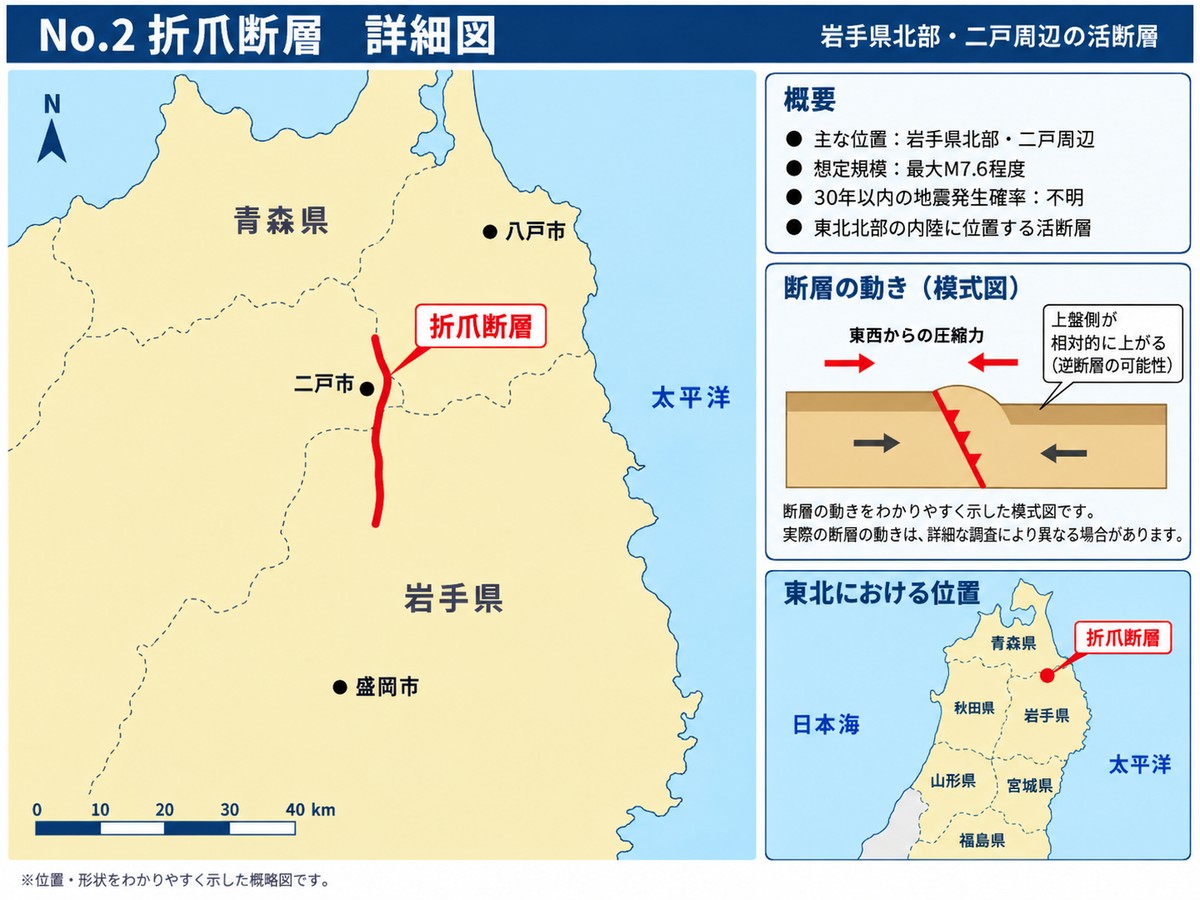 折爪断層の詳細図。岩手県二戸市周辺を南北に走る断層の位置を示す