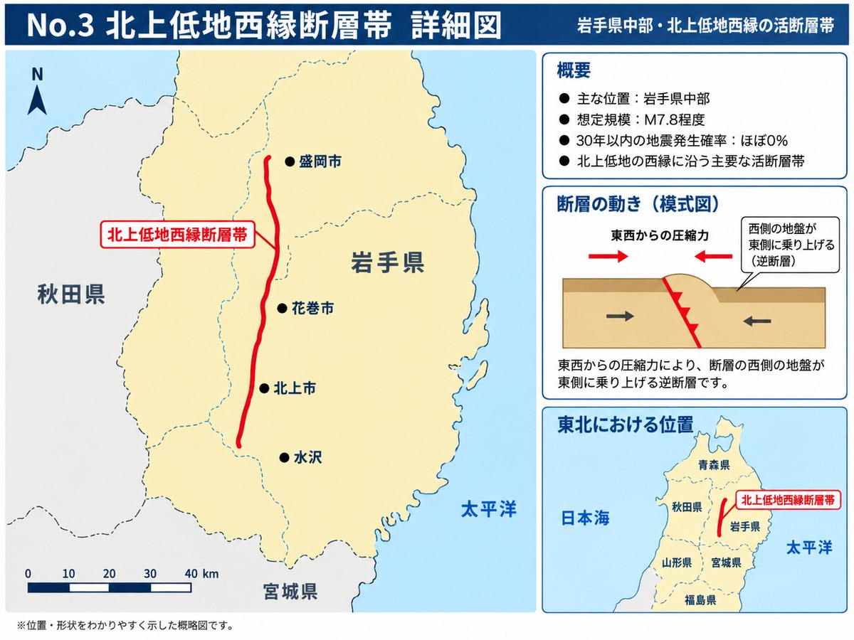 北上低地西縁断層帯の詳細図。盛岡市の南から奥州市まで延びる断層の位置を示す