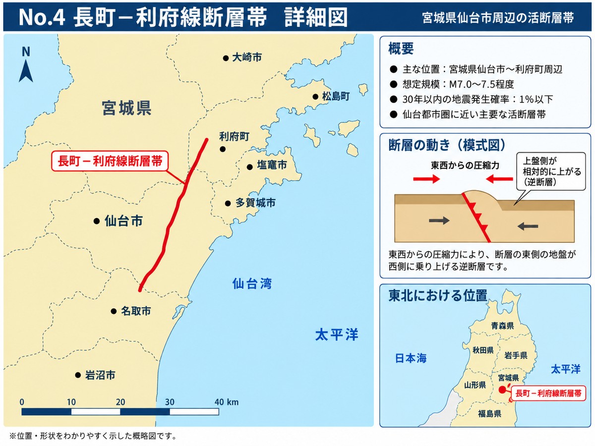 長町－利府線断層帯の詳細図。仙台市の中心部を北東から南西に横切る断層の位置を示す