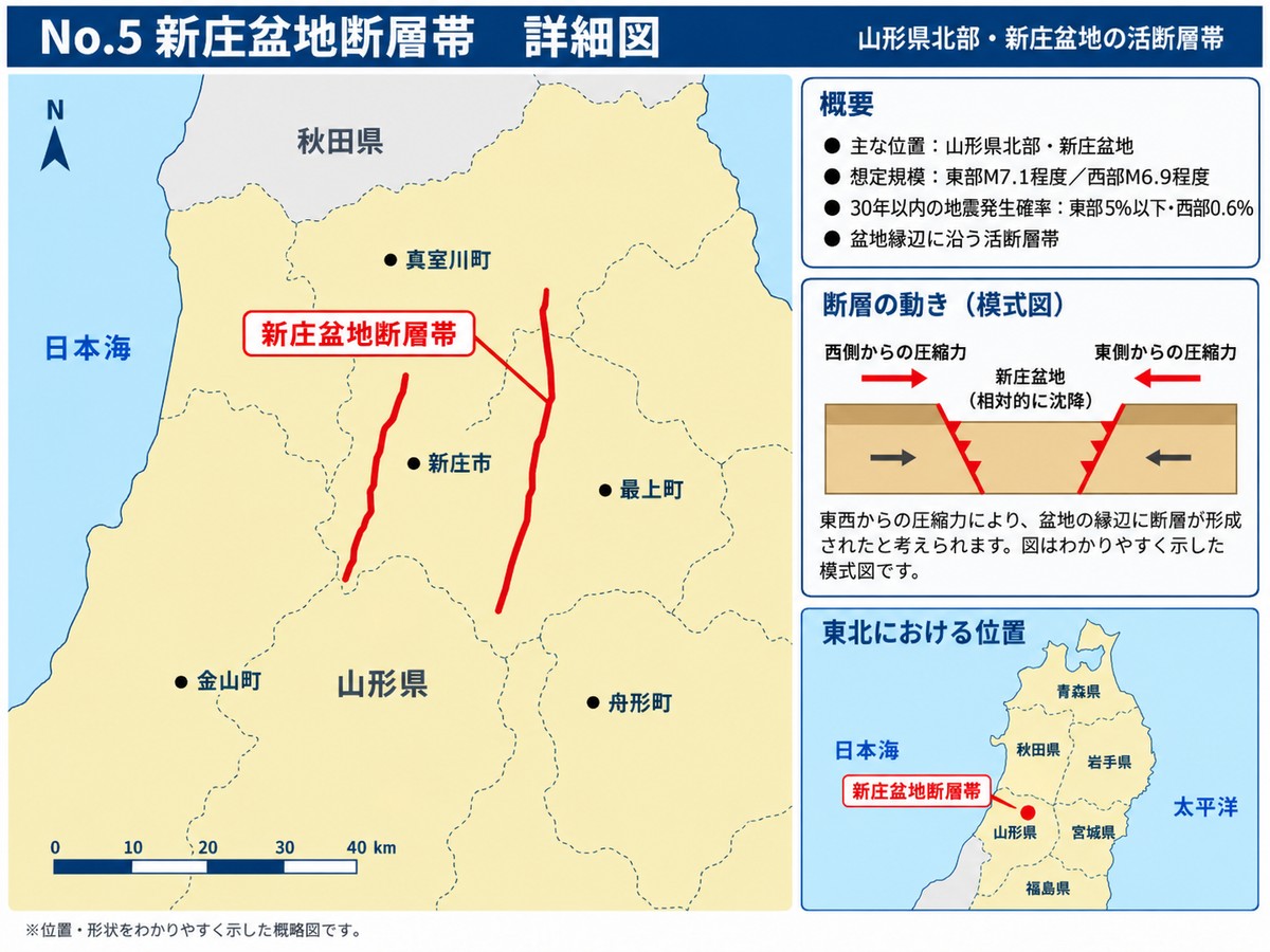 新庄盆地断層帯の詳細図。山形県新庄市の東縁と西縁に分かれる2本の断層の位置を示す