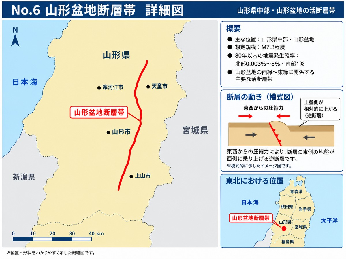 山形盆地断層帯の詳細図。大石田町から上山市まで山形盆地の西縁を南北に走る断層の位置を示す
