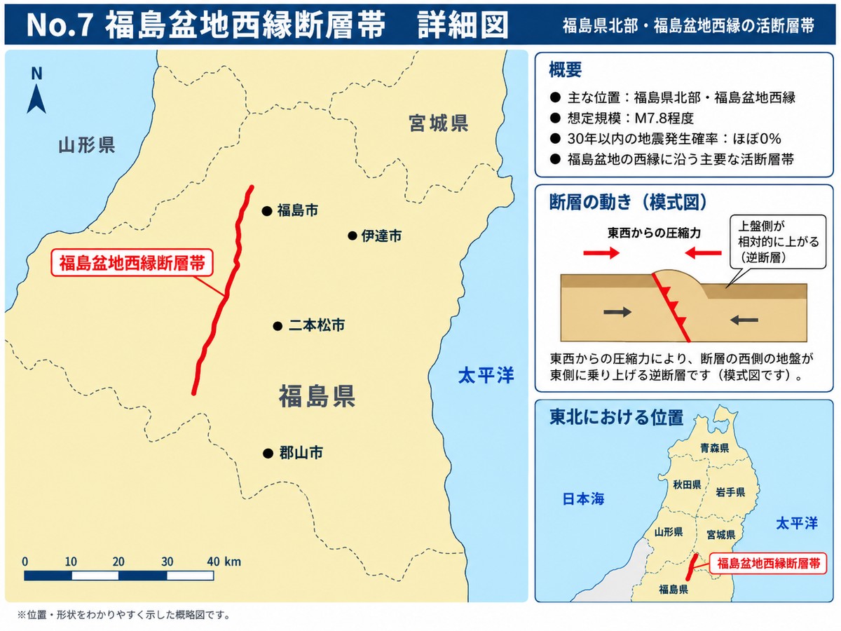 福島盆地西縁断層帯の詳細図。福島市の西を北東から南西に走る断層の位置を示す