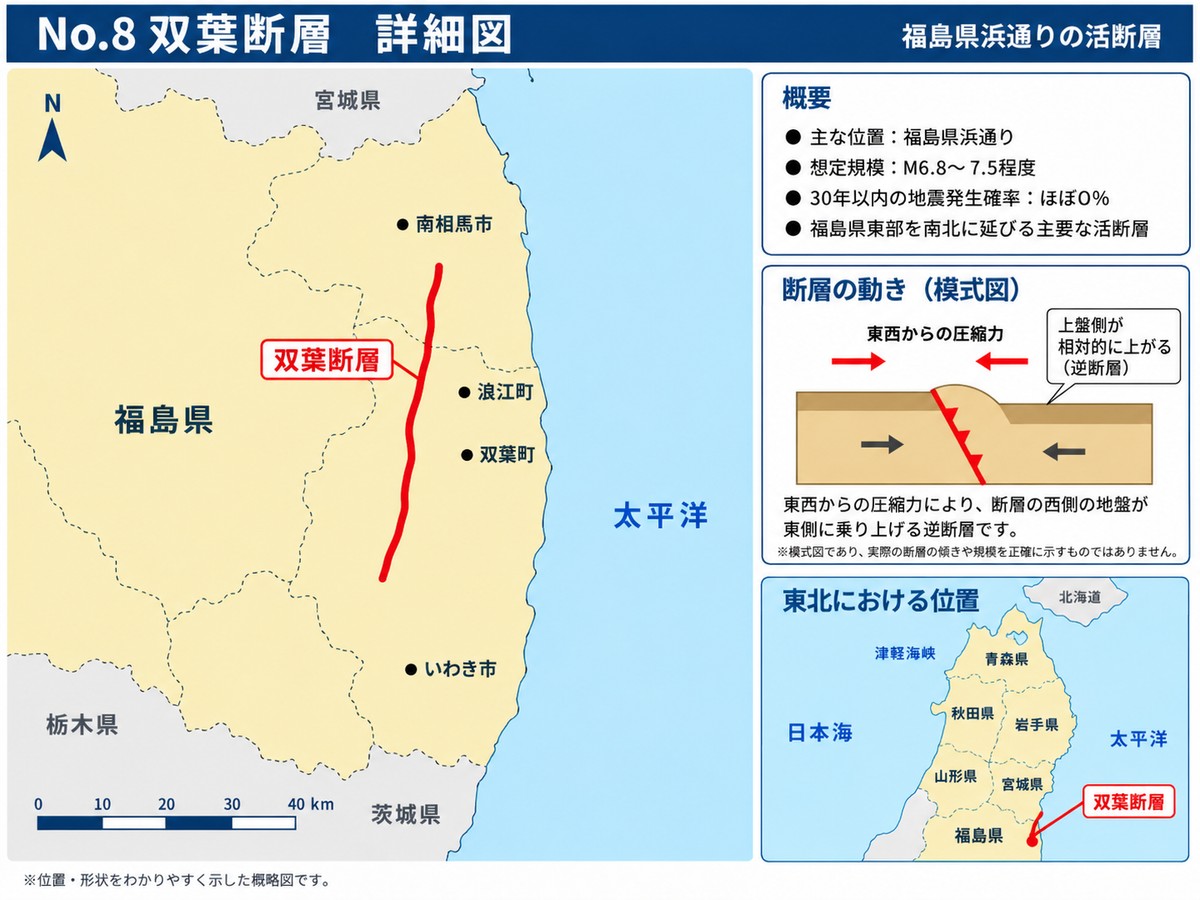 双葉断層の詳細図。福島県浜通りを南北に走る断層の位置を示す