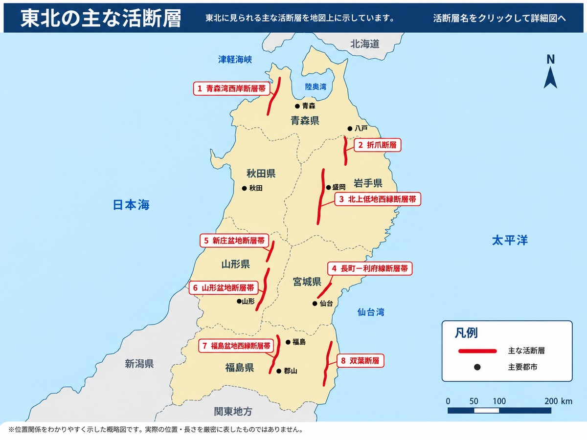 tohokuの主な活断層帯の位置図