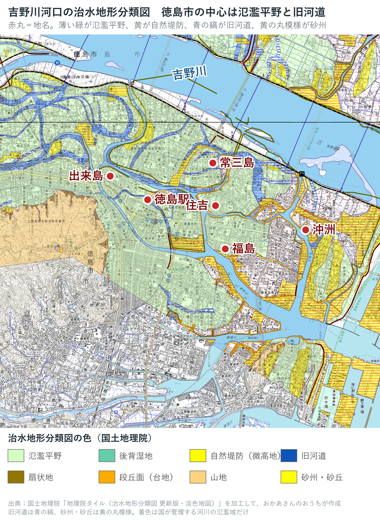 吉野川河口の治水地形分類図。徳島市の中心は薄い緑の氾濫平野で、青い縞の旧河道が助任川・新町川ぞいに走り、黄色の丸模様の砂州が沖洲と津田にある