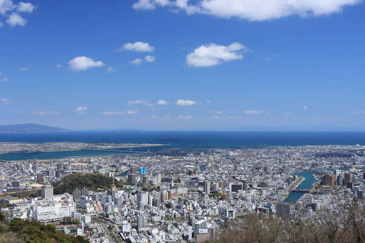 眉山の山頂から見下ろした徳島市街。ビルの間を川が何本も流れ、遠くに紀伊水道が見える