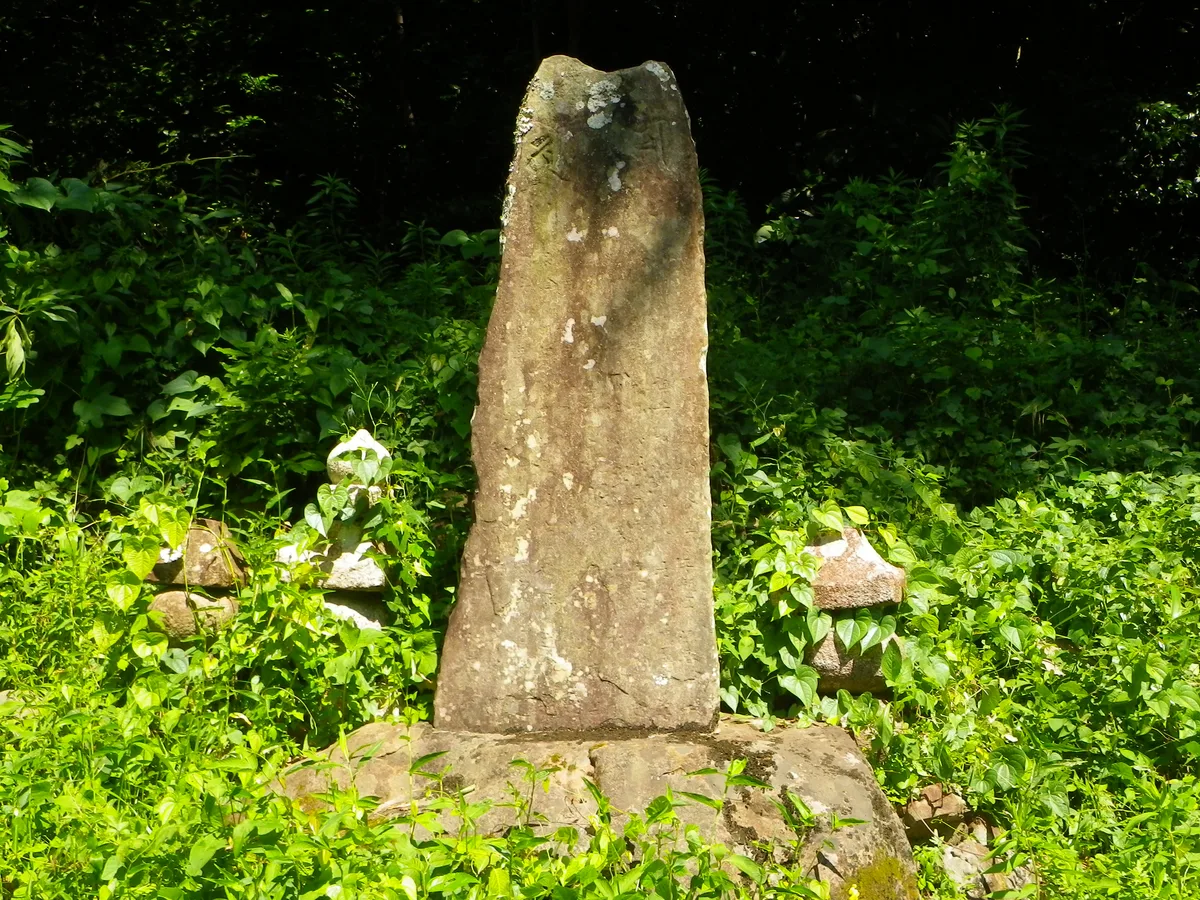 美波町東由岐の康暦碑。草に囲まれた台石の上に立つ、先端の欠けた板碑