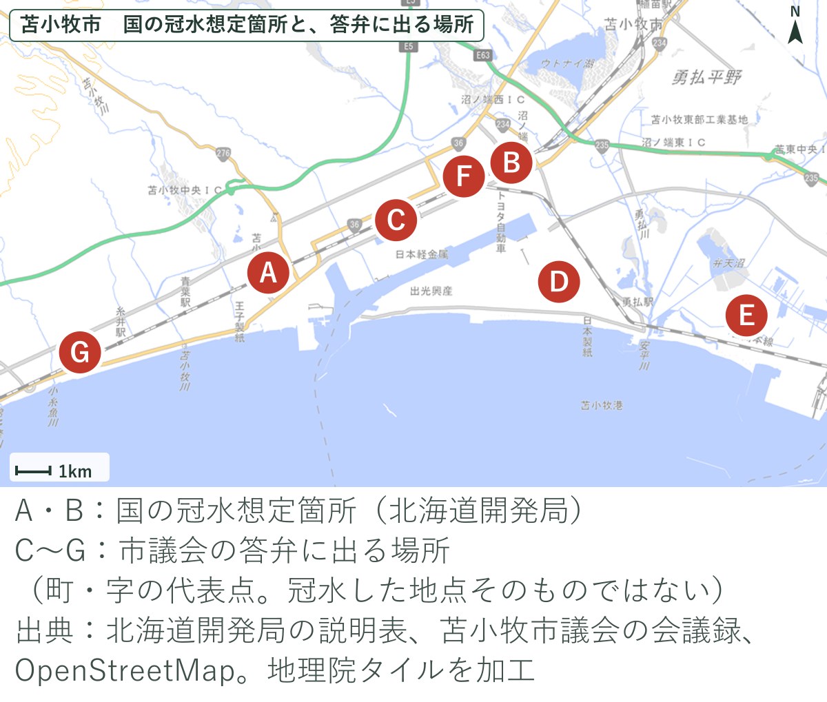 苫小牧市の国の冠水想定箇所（A・B）と、市議会の答弁に出る場所（C〜G）の地図