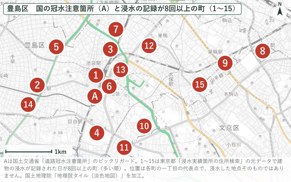 豊島区の道路冠水注意箇所と浸水の記録が8回以上の町の地図