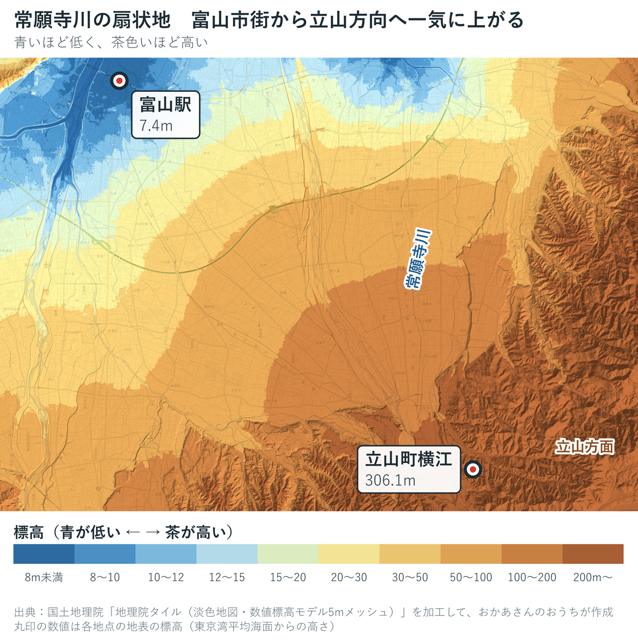 富山市街から立山方向にかけての色別標高図。富山駅まわりの標準地は3〜6m台の青い低地で、南東の立山町横江へ向かうほど茶色く一気に高くなる