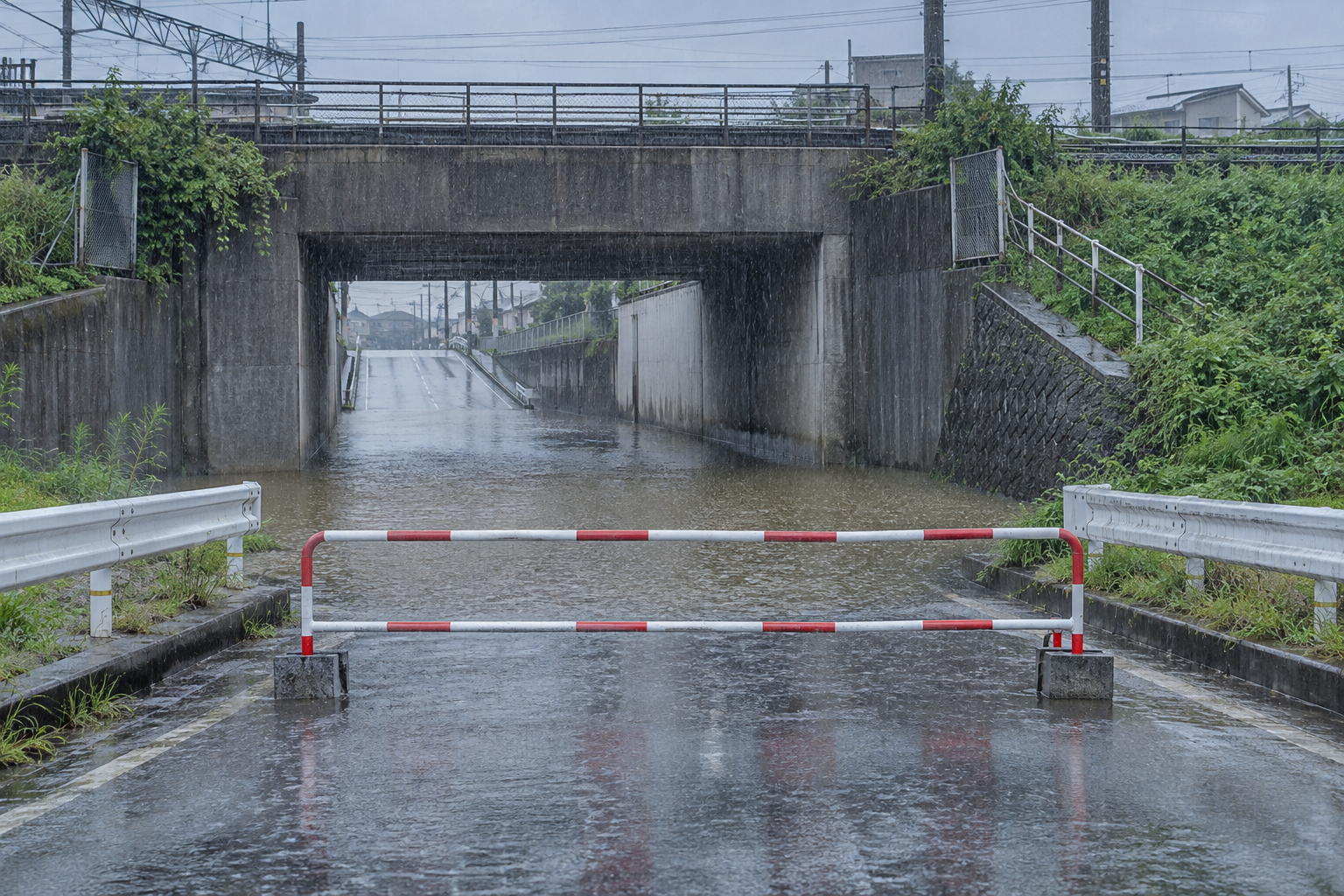 大雨で水がたまり通行止めになった富山市郊外をイメージしたアンダーパス