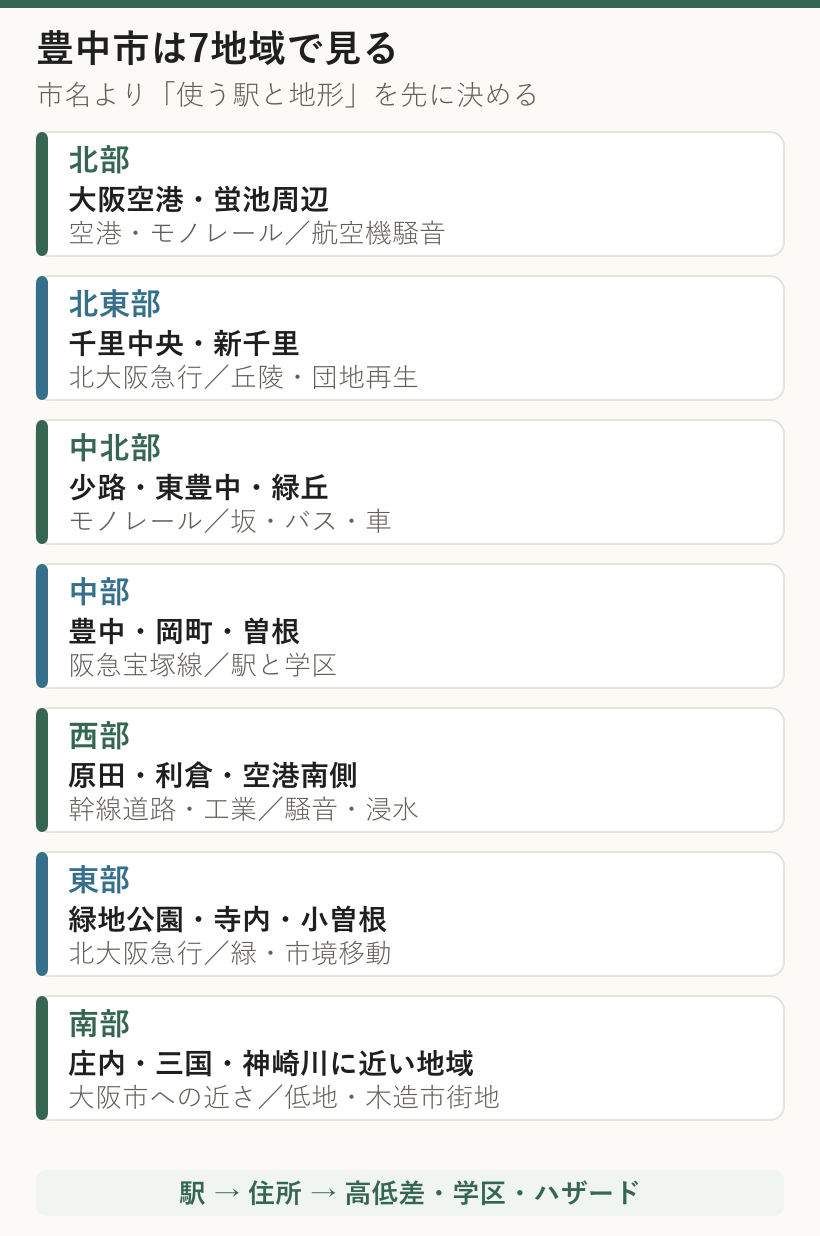 豊中市の北部から南部まで7地域ごとに使う駅と住まい探しの確認点を示した図