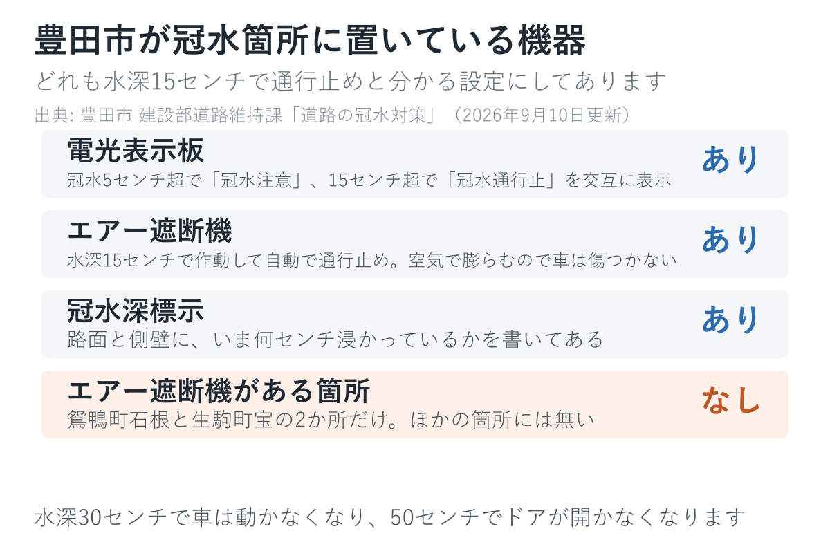 豊田市が冠水箇所に置いている機器を並べた図