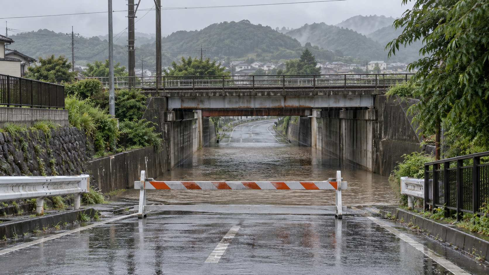 大雨で水がたまり通行止めになった上田市郊外をイメージした鉄道アンダーパス