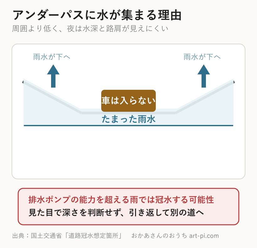 アンダーパスが周囲より低く雨水が集まり、排水能力を超えると冠水する仕組みを示した断面図