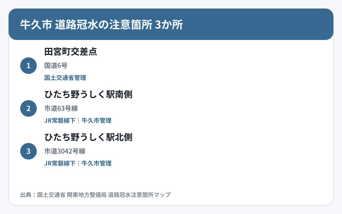 牛久市の道路冠水注意箇所3か所を道路区分と管理者で整理した図