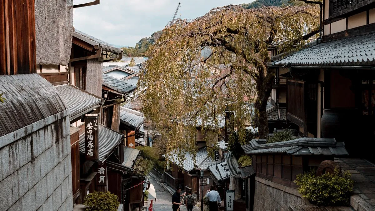 瓦屋根の家が斜面に沿って密に並ぶ日本の町並み