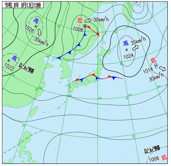 2026年9月13日15時の実況天気図。秋雨前線が本州を横断している