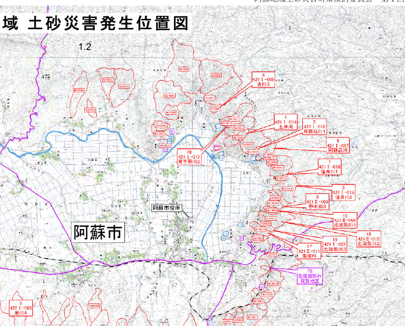 2012年九州北部豪雨の阿蘇市北側と東側の土砂災害発生位置図