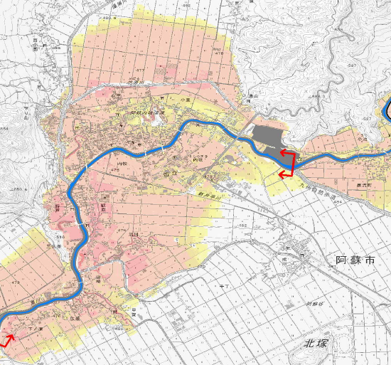 黒川の洪水浸水想定区域図の内牧周辺