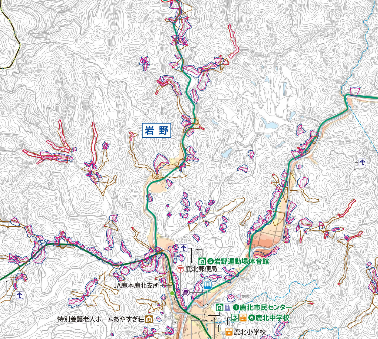 岩野の山際と谷筋に描かれた土砂災害区域