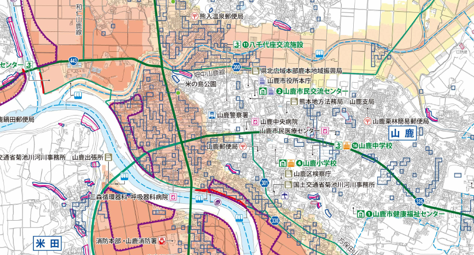 山鹿・八幡・大道地区図の山鹿市街と菊池川周辺