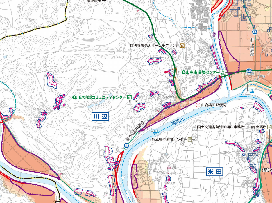 川辺・平小城地区図の川辺と菊池川沿い