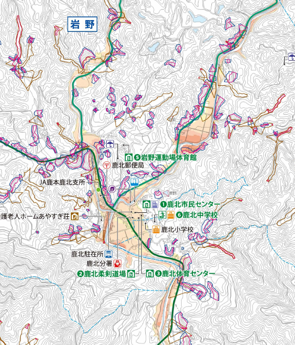 岳間・岩野・広見地区図の岩野川と鹿北支所周辺