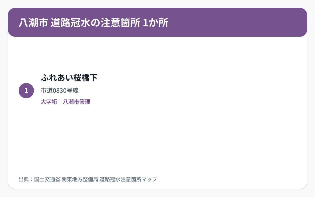 八潮市の道路冠水注意箇所1か所を道路区分と管理者で整理した図