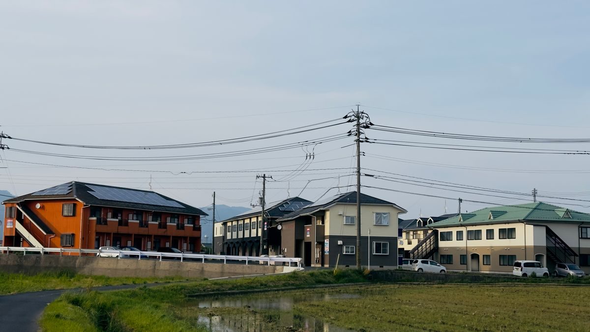 水を張った田んぼのすぐ向こうに建ち並ぶ2階建ての住宅とアパート