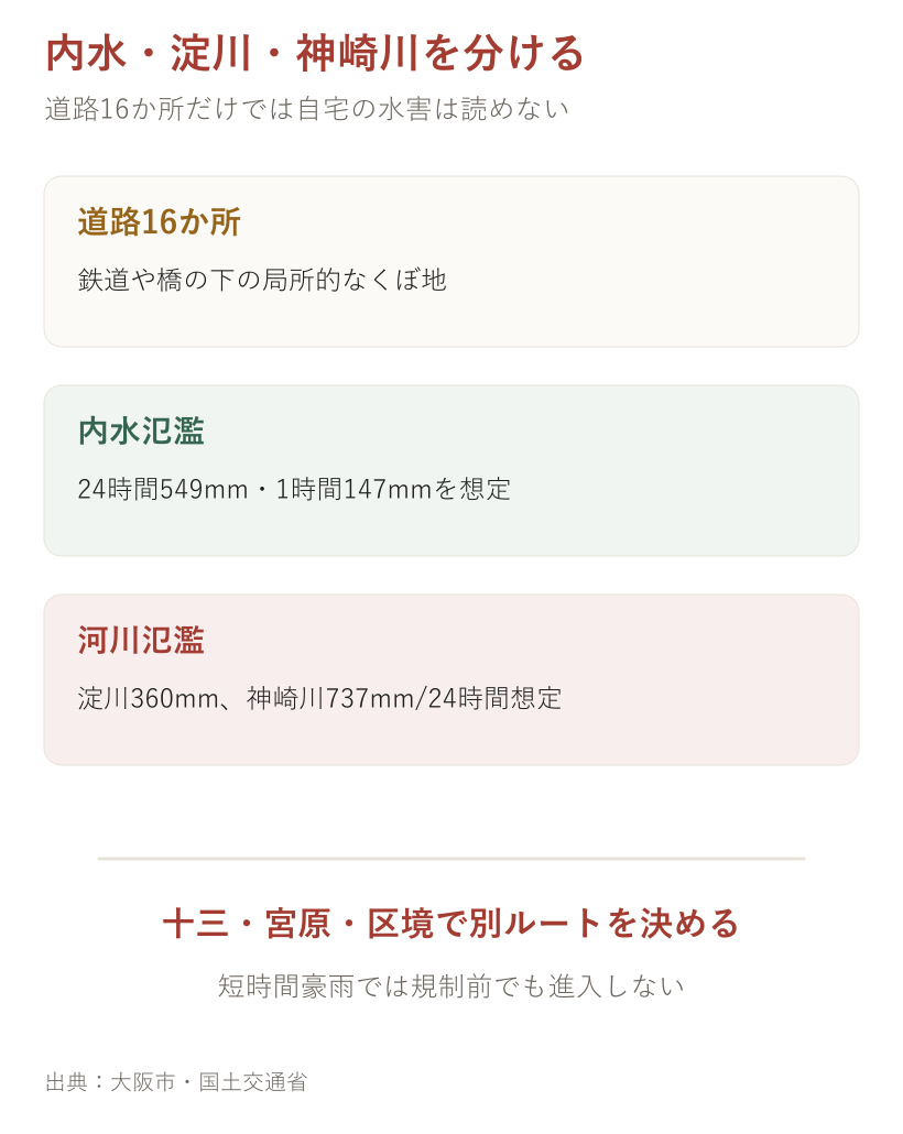 内水・淀川・神崎川を分ける。道路、内水、河川などを分けて確認する手順