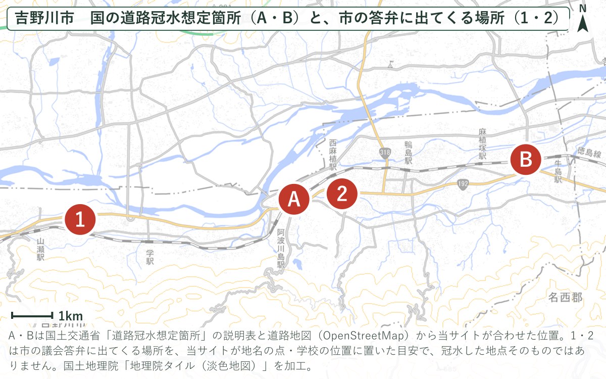 吉野川市の道路冠水想定箇所（A・B）と、市の答弁に出てくる場所（1・2）の地図