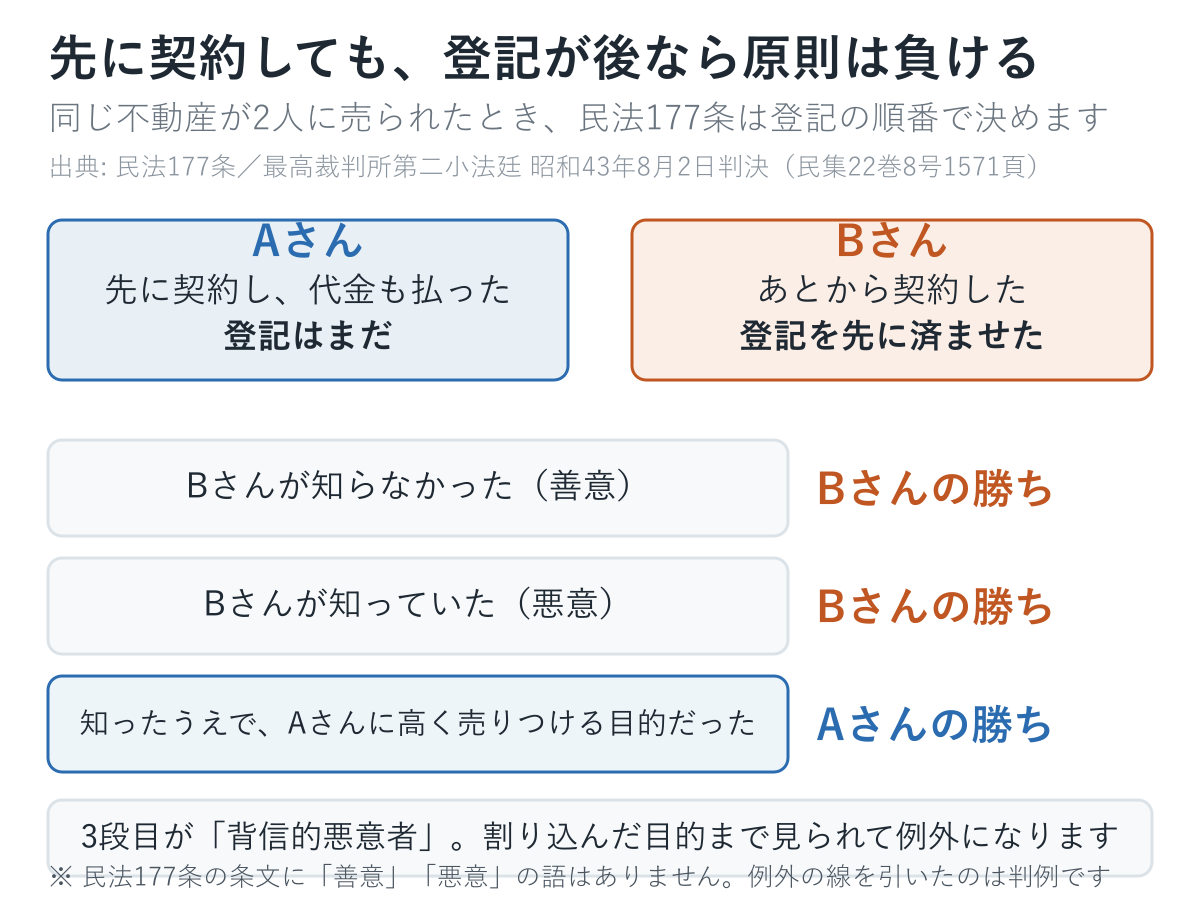 二重譲渡の勝ち負けの図。先に契約したAさんより登記を先にしたBさんが勝つが、Aさんに高く売りつける目的だった場合は背信的悪意者としてAさんが勝つ