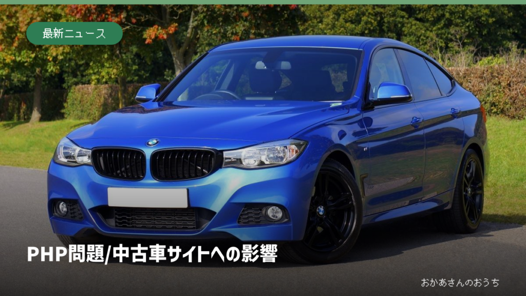 PHP問題/中古車サイトへの影響。緑地のそばに停車した青い乗用車。中古車を見比べる場面のイメージ