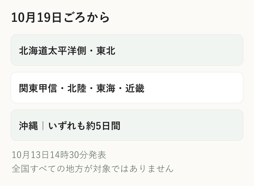 10月13日の気象庁発表で高温の早期天候情報の対象となった7地方と約5日間の期間