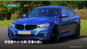 中古車サイト 比較/定番の違い。緑地のそばに停車した青い乗用車。中古車を見比べる場面のイメージ