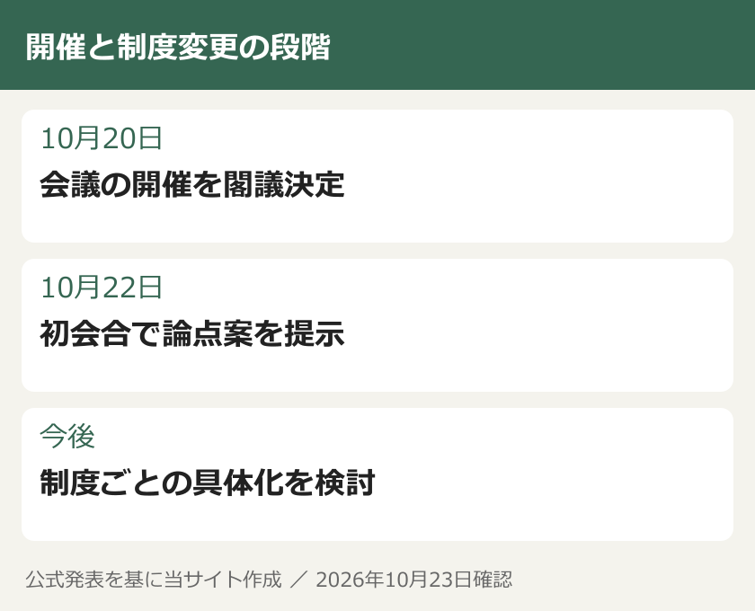 開催と制度変更の段階。10月20日：会議の開催を閣議決定。10月22日：初会合で論点案を提示。今後：制度ごとの具体化を検討