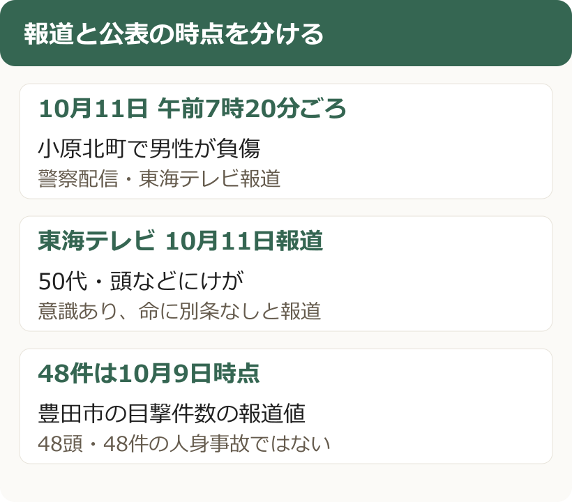 10月11日の小原北町の負傷事故と報道更新時点。50代男性、頭など負傷、意識ありと東海テレビが報道。48件は10月9日時点の豊田市目撃件数。