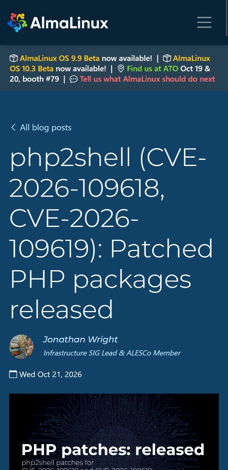 AlmaLinuxのブログ。php2shell（CVE-2026-109618、CVE-2026-109619）の修正パッケージを公開したと書かれ、日付は2026年10月21日