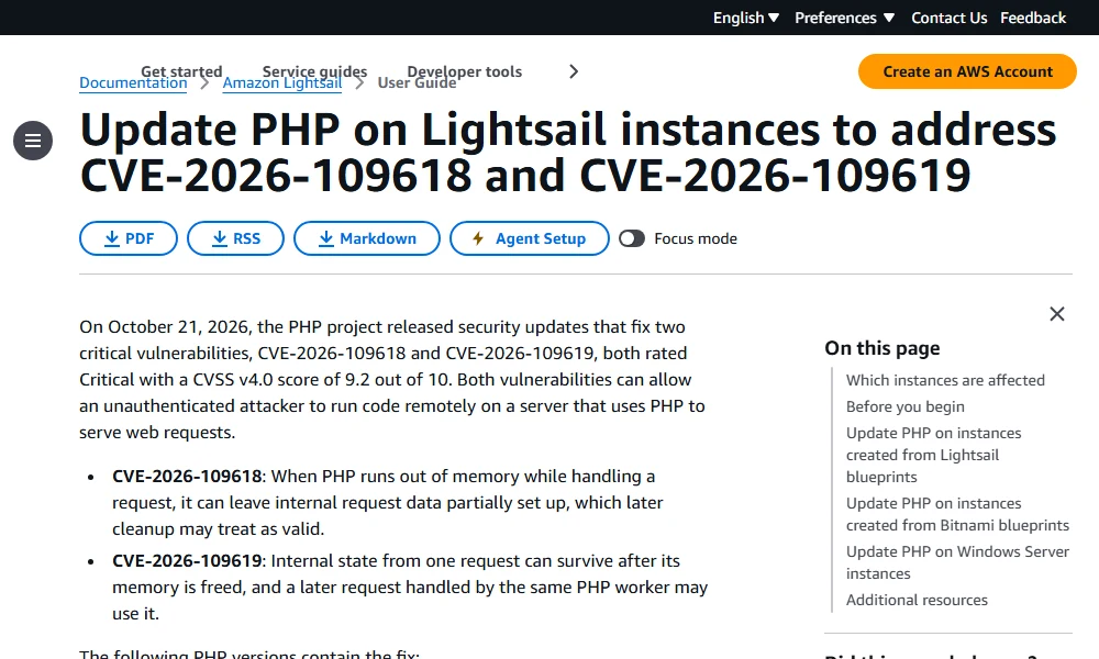 AWS PHP/サービス別の対応に関する公式案内の実画面