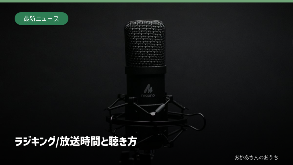 ラジキング/放送時間と聴き方。放送用マイクのイメージ写真。番組の収録現場ではありません。