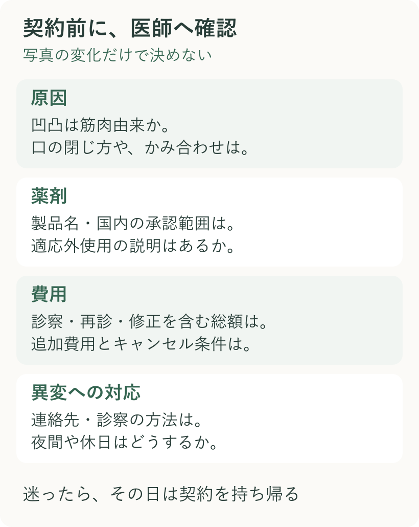 医師への確認事項を原因、薬剤、費用、異変への対応の四つに分けたチェック図