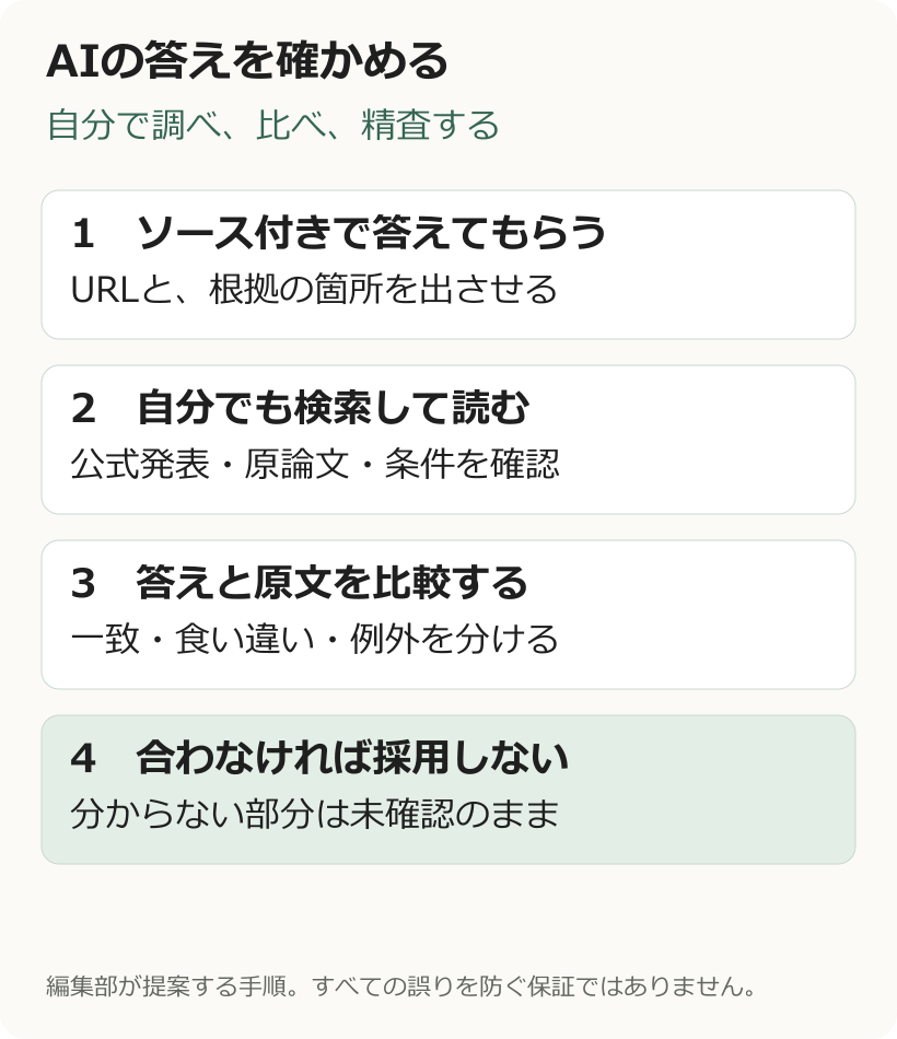 AIの答えを確かめる4つの行動。ソース付きで答えてもらい、自分でも検索して読み、答えと原文を比較し、合わない答えは採用しない